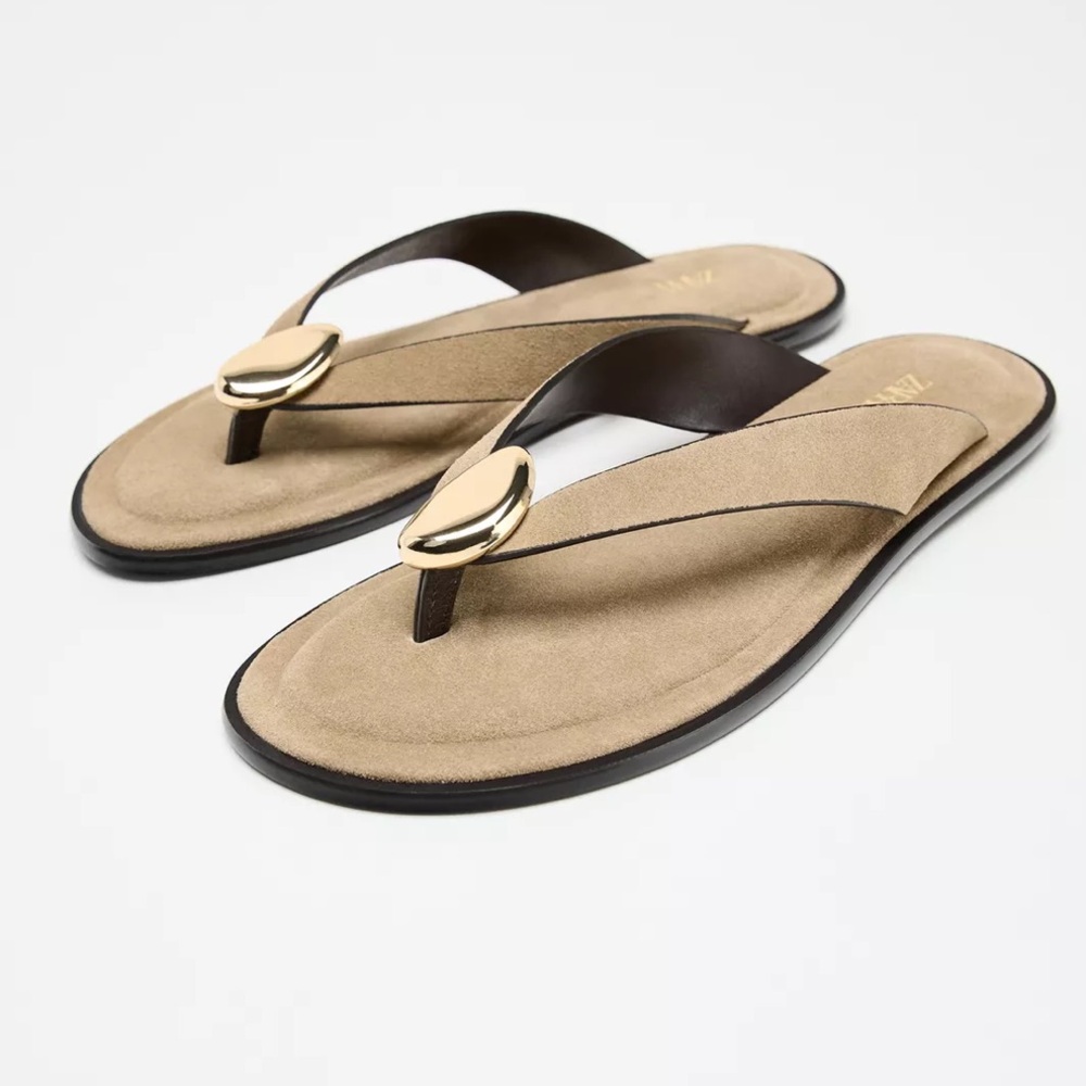 Zara Tan Sandals with Gold Detail